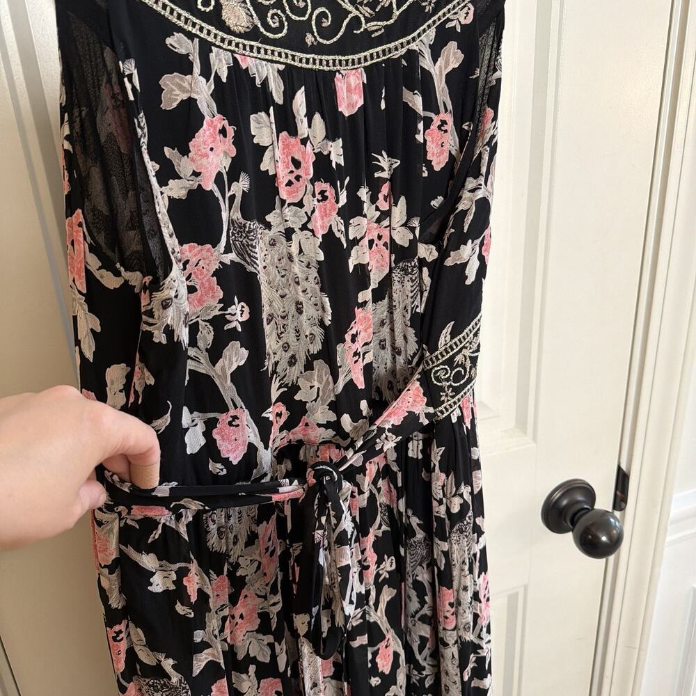 Monsoon Black Chiffon Silver Thread Peacock Floral Maxi Dress Boho Size 12 - Picture 6 of 13